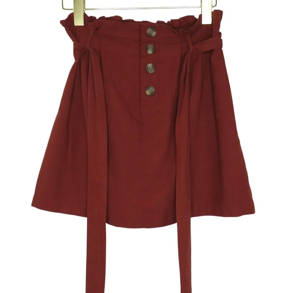 American Eagle Red Button Down High Rise Paperbag Tie Skirt Extra Small
